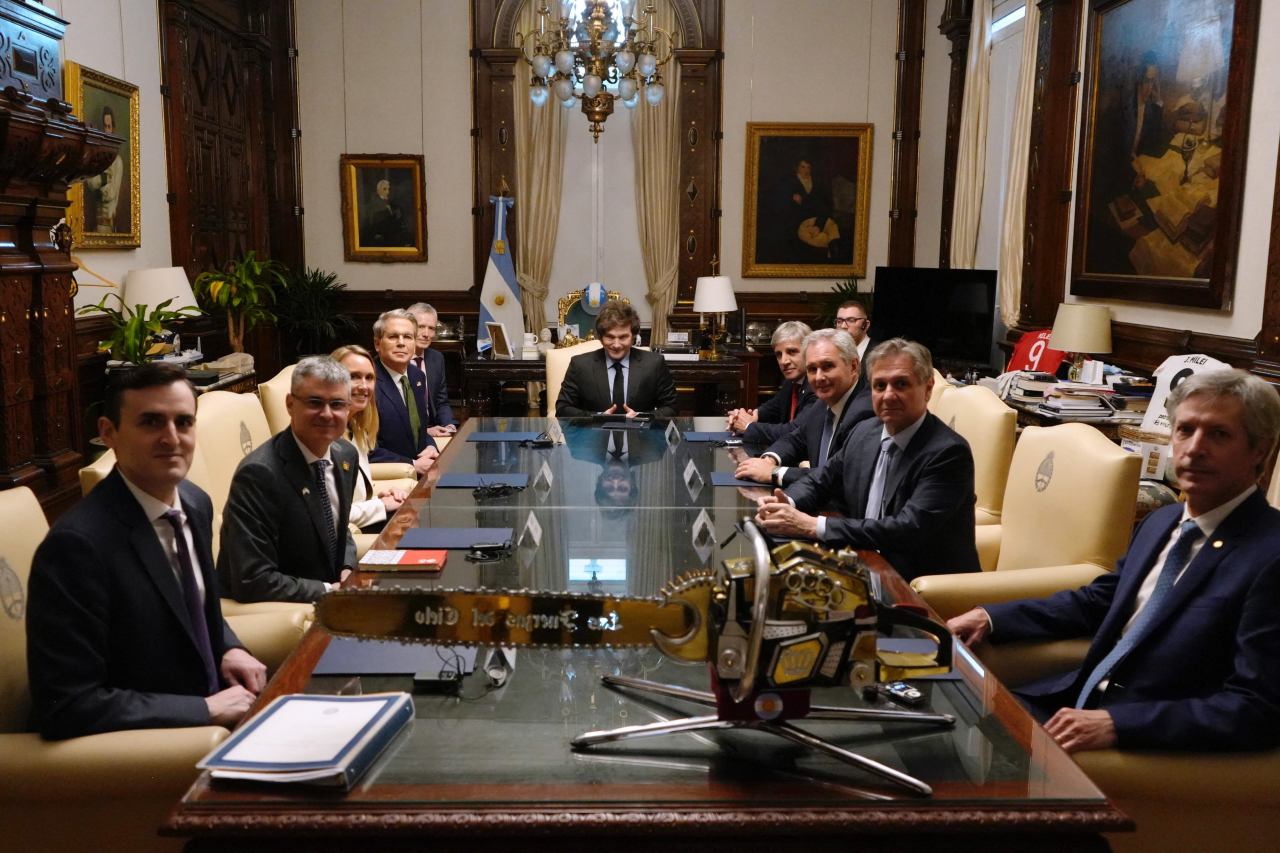 U.S. Treasury Secretary Scott Bessent, fourth from left, and Milei, center, at a meeting in Buenos Aires in April. U.S. Treasury Secretary Scott Bessent, fourth from left, and Milei, center, at a meeting in Buenos Aires in April.