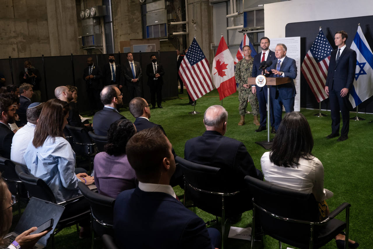 Special envoy Steve Witkoff speaking in southern Israel this week as Vice President JD Vance and Jared Kushner look on. Special envoy Steve Witkoff speaking in southern Israel this week as Vice President JD Vance and Jared Kushner look on.