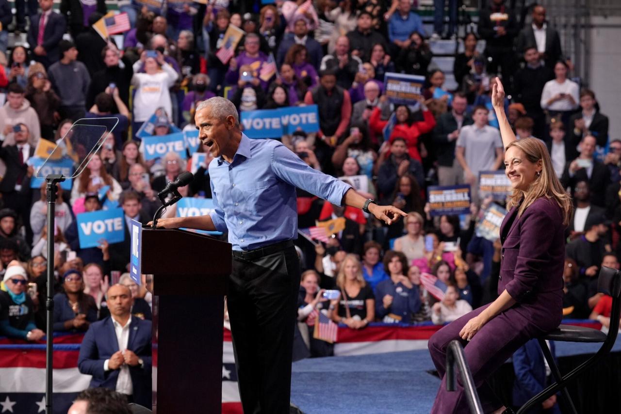 Former President Barack Obama spoke at a rally in Newark, N.J., on Saturday for Mikie Sherrill, the Democratic candidate for governor.