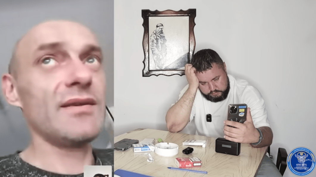 A still image from a video shows Pavel Guguyev, in close-up, being interviewed by a Ukrainian journalist. (Sasha Maslov for WSJ)
