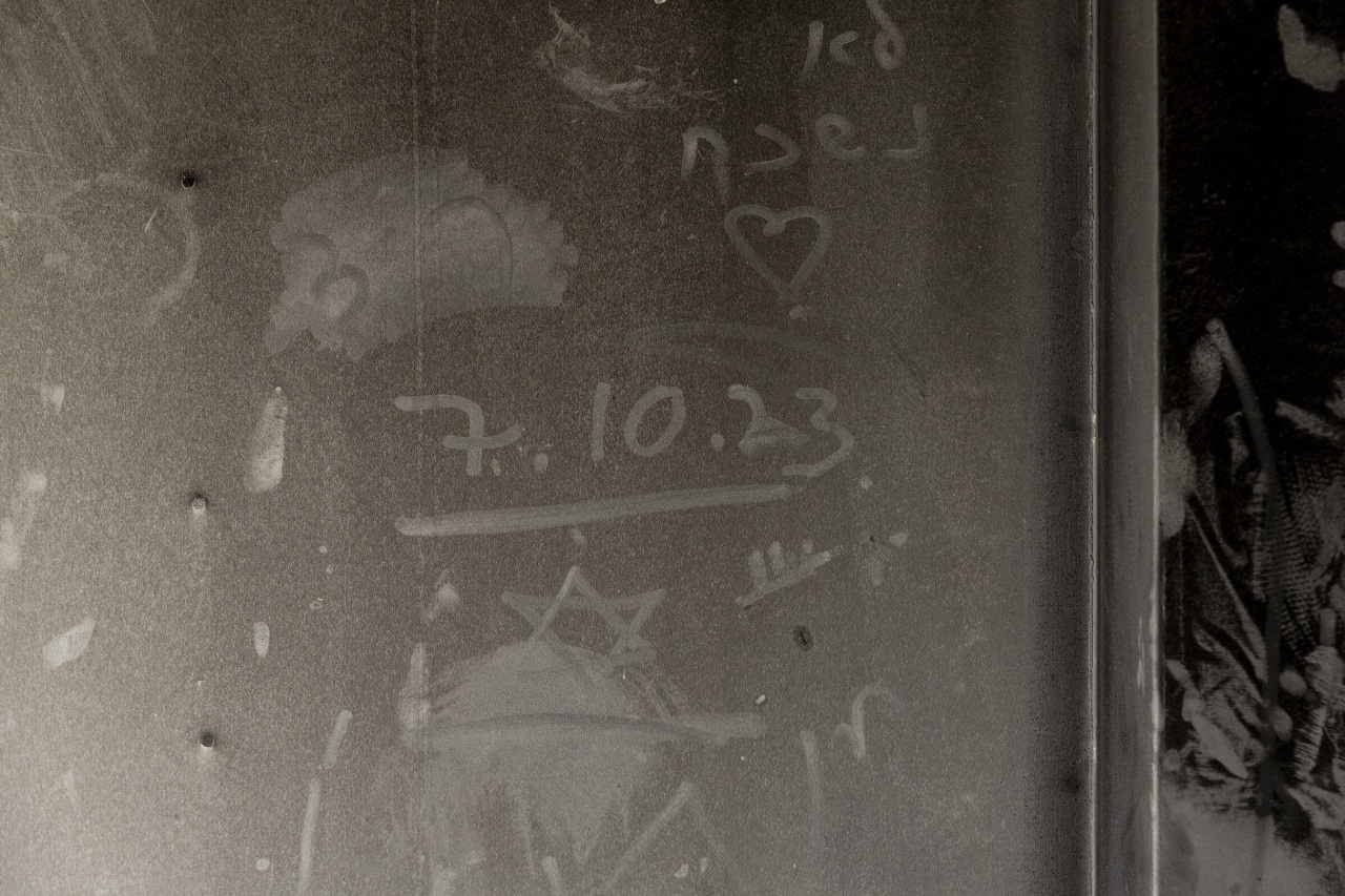 The date of the Hamas-led attack is written on a soot-covered wall in Be’eri, southern Israel.