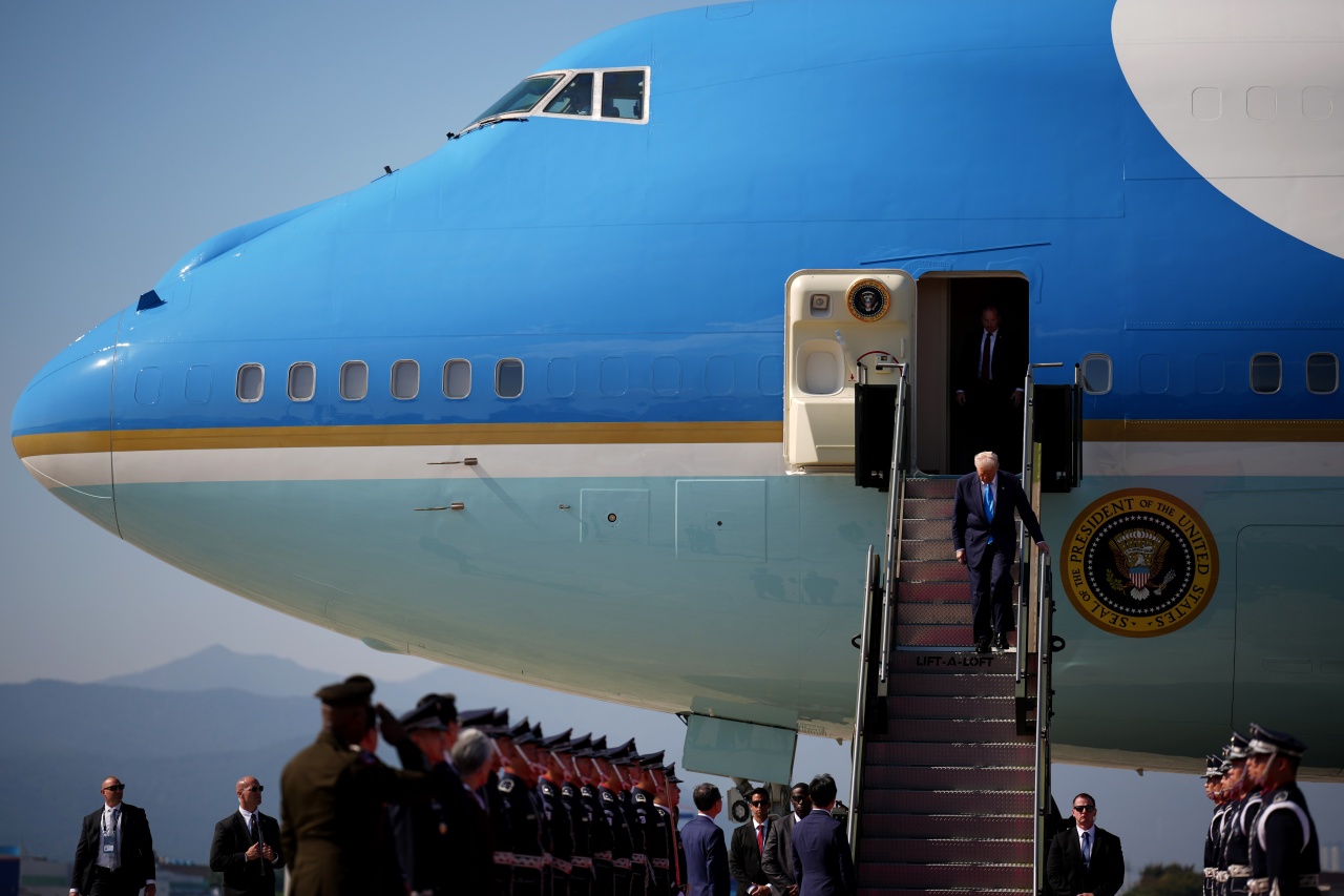 Trump disembarking from Air Force One after arriving in Busan, South Korea, in October.