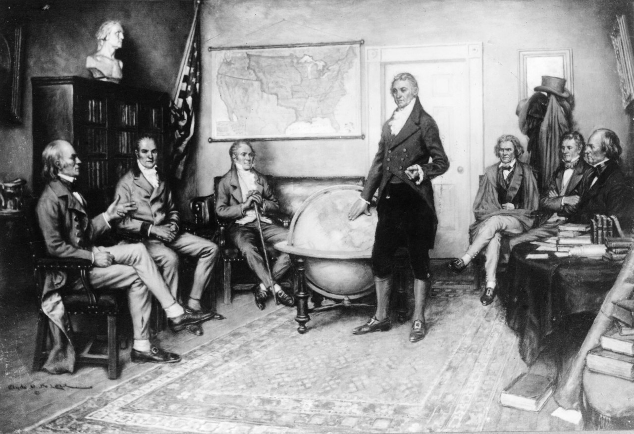 An illustration of President James Monroe discussing his doctrine in 1823.