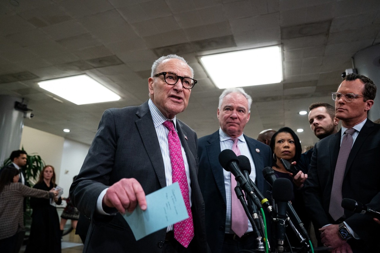 Senate Minority Leader Chuck Schumer speaks to members of the media Wednesday.