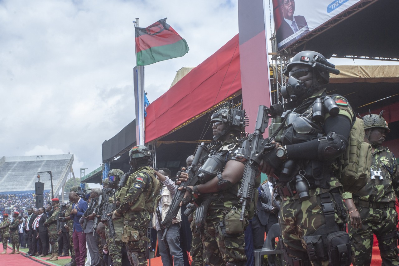 Malawi security forces stand guard during Mutharika’s inauguration ceremony.