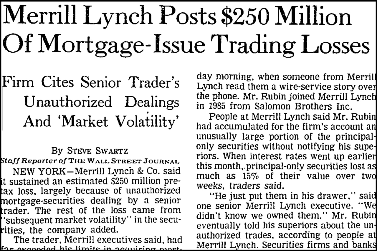 An April 30, 1987, article about Merrill Lynch's losses.