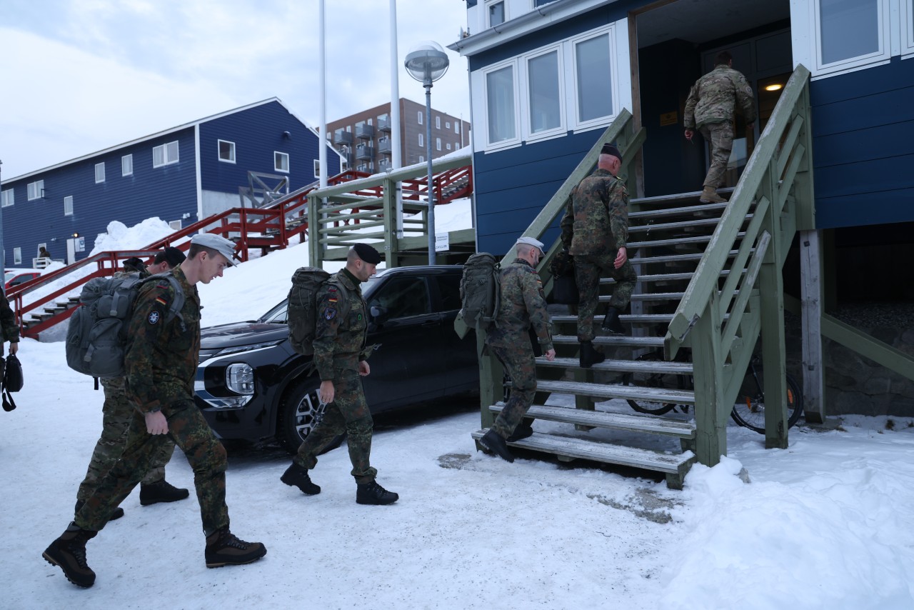 Danish and German soldiers arriving at the Danish Arctic Command building in Nuuk, Greenland, last week.