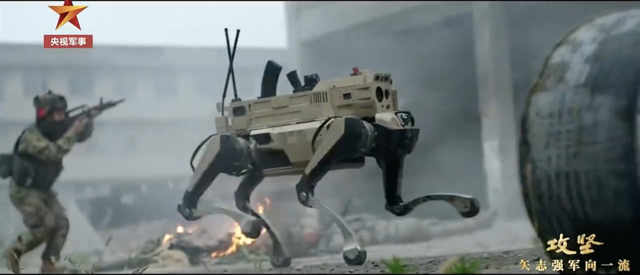 Robot dogs being used in simulated urban warfare, shown a still from a CCTV video.
