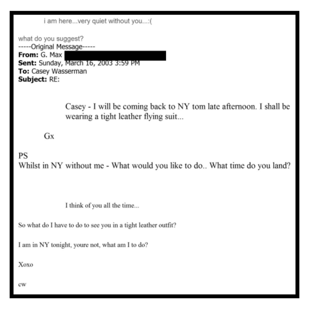 A 2003 email exchange between Ghislaine Maxwell and Casey Wasserman.