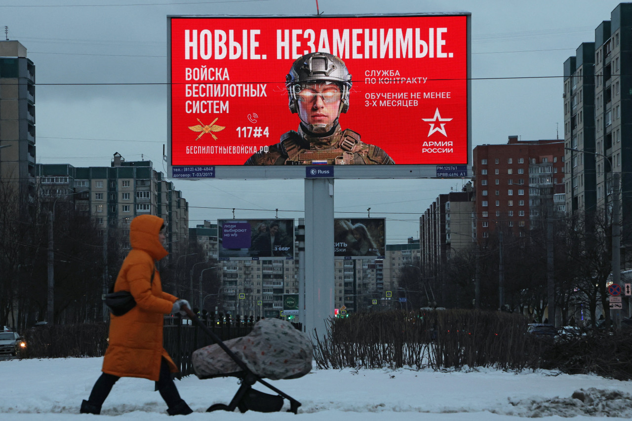 An ad promoting military service in the Russian army's unmanned systems forces in St. Petersburg.