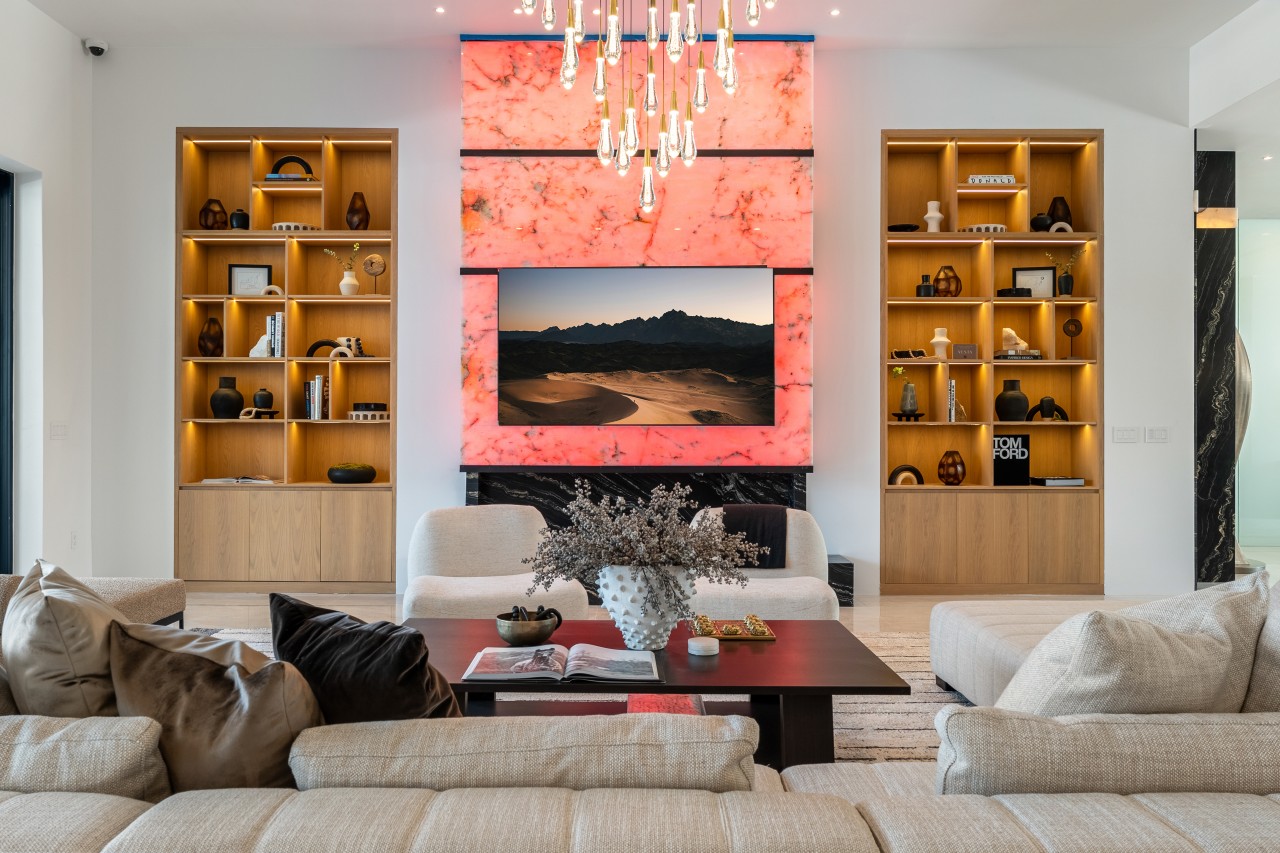 When a threat is detected, the fireplace surround in the great room turns to red. 