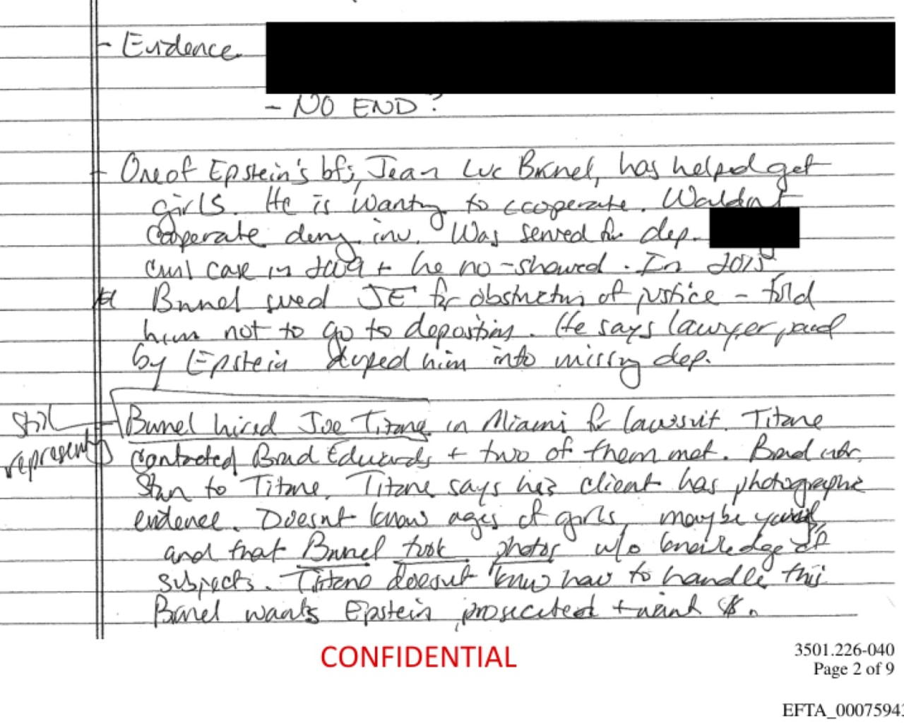 Notes by a federal prosecutor in 2016 regarding potential testimony by Brunel.