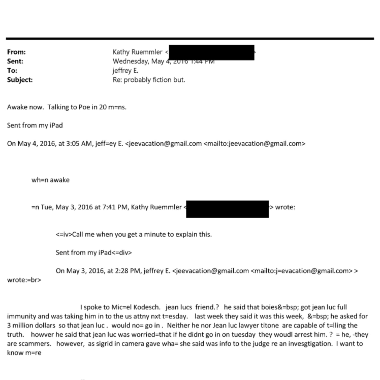 A 2016 email exchange between Kathy Ruemmler and Epstein.