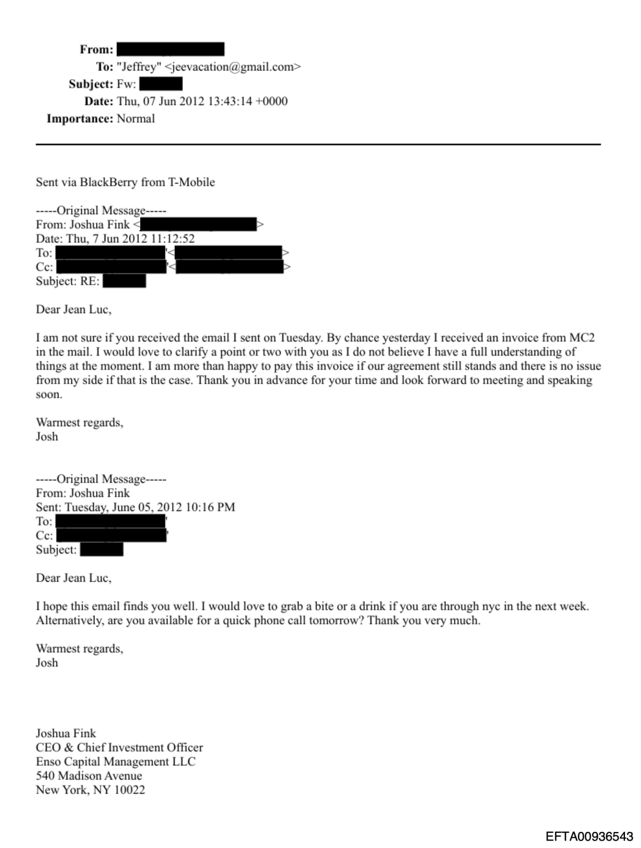 A 2012 email exchange between Joshua Fink and Brunel that was forwarded to Epstein.