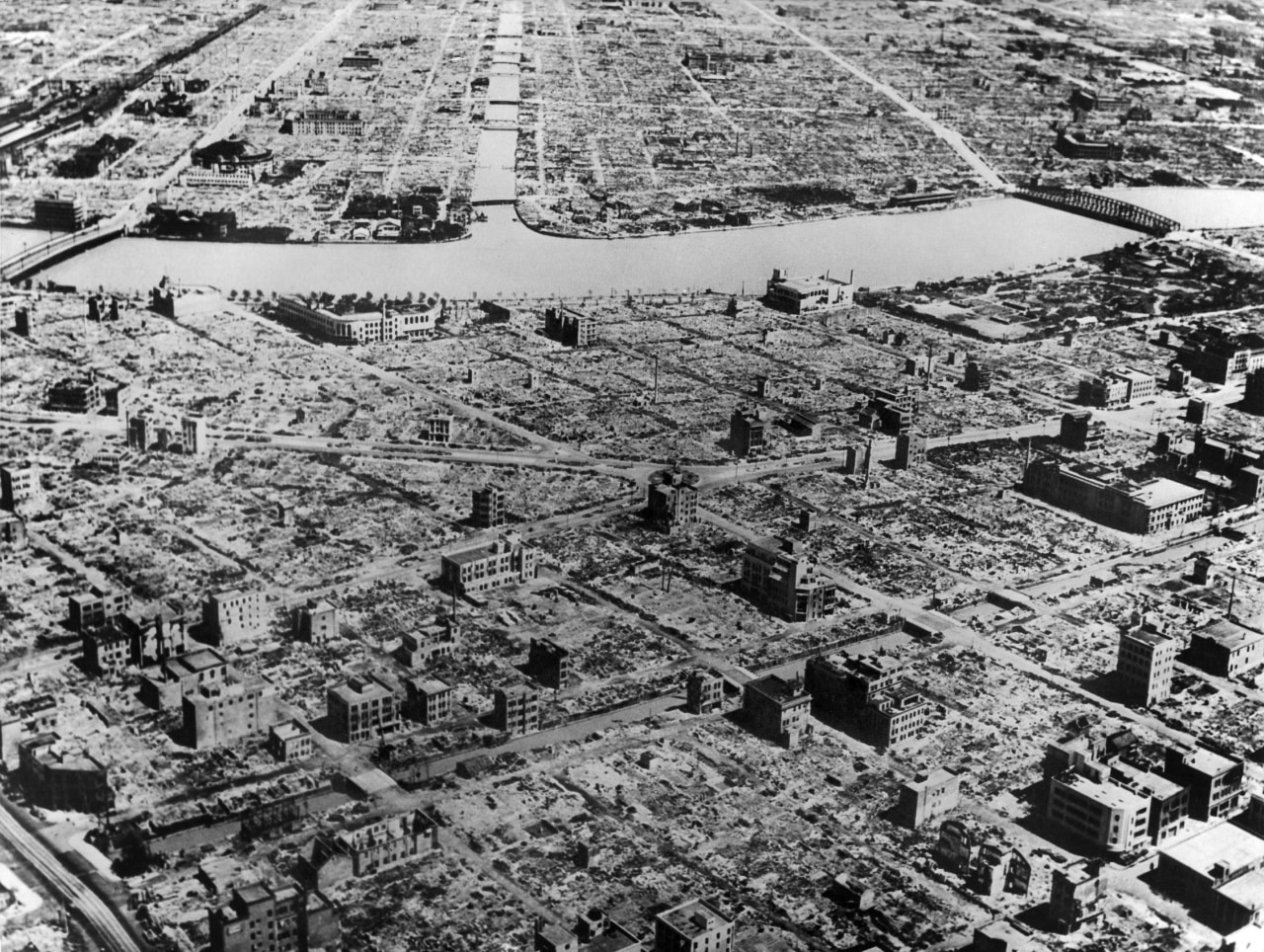 An aerial view of Tokyo in 1945 after bombardment by U.S. forces.