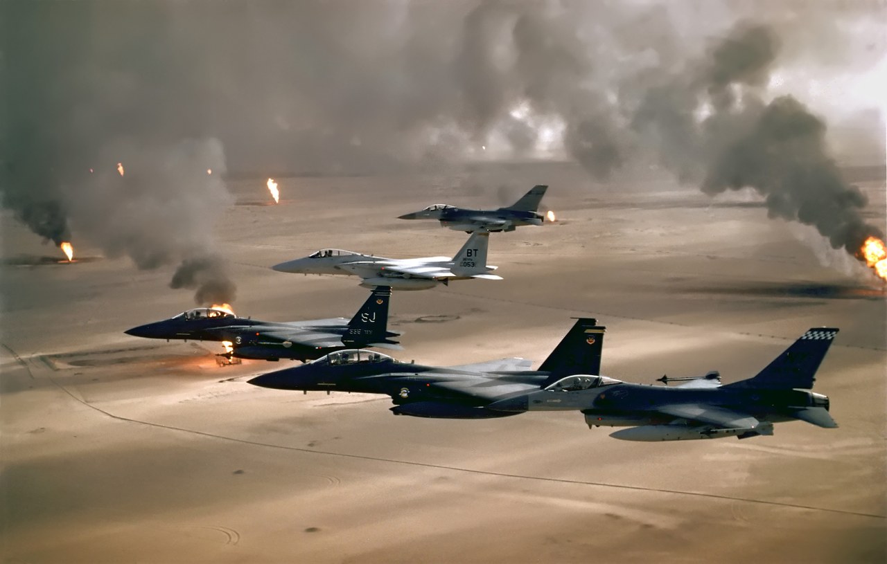 U.S. jet fighters in the skies over Kuwait during Operation Desert Storm in 1991.