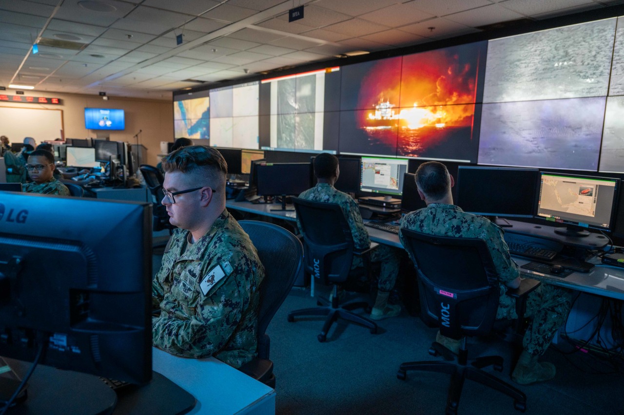 Sailors on watch at the U.S. Naval Forces Central Command's maritime operations center in Manama, Bahrain.
