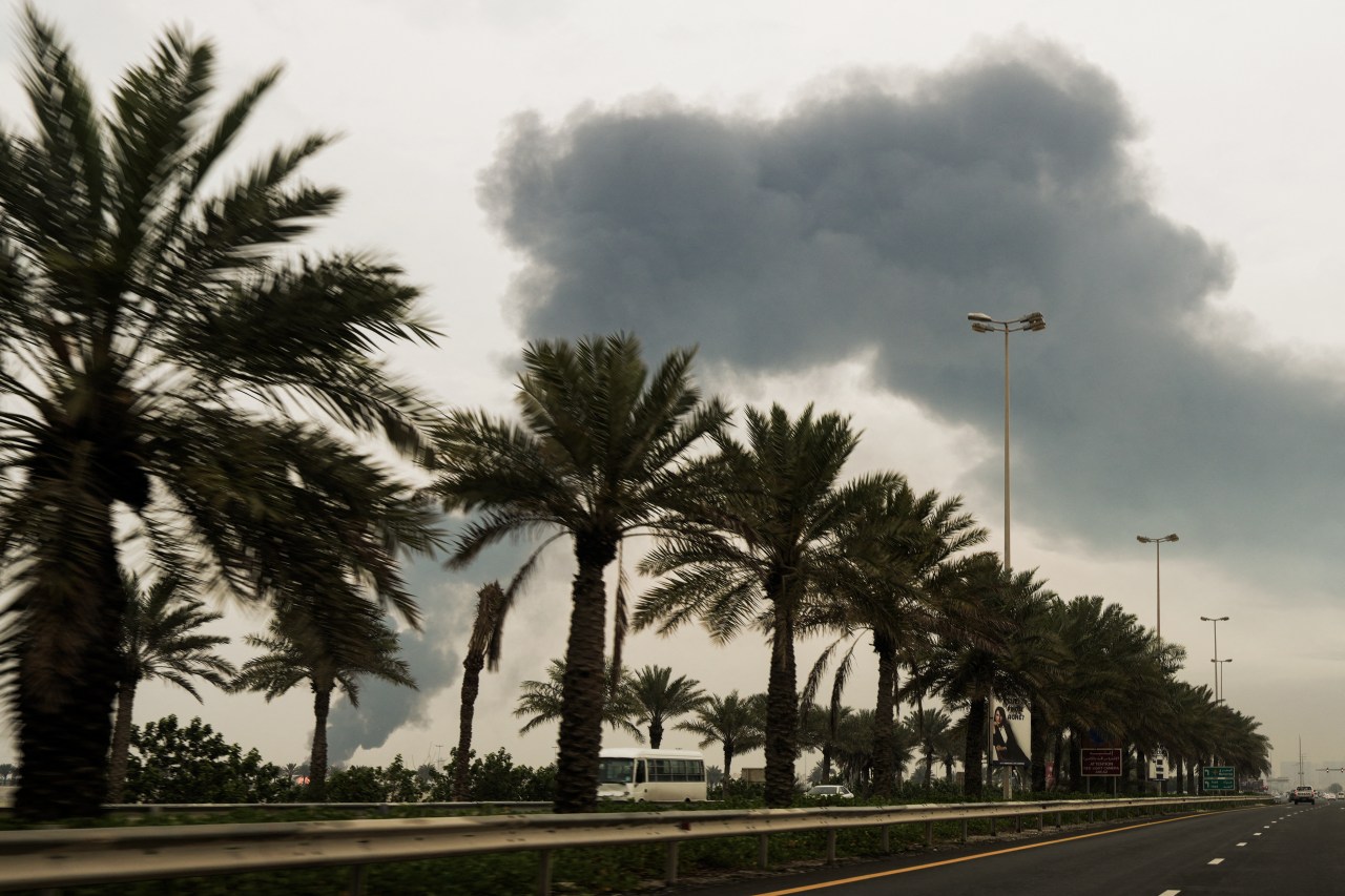 Smoke rises from fuel tanks in Muharraq, Bahrain. The country’s Interior Ministry said  Iran targeted the facility.