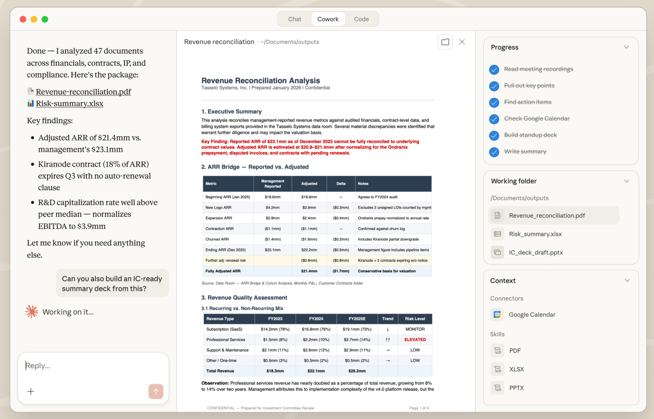 एन्थ्रोपिक का कोवर्क टूल सक्रिय है, जिसका उपयोग यहां वित्तीय दस्तावेजों का विश्लेषण करने के लिए किया जा रहा है। एन्थ्रोपिक का कोवर्क टूल सक्रिय है, जिसका उपयोग यहां वित्तीय दस्तावेजों का विश्लेषण करने के लिए किया जा रहा है।