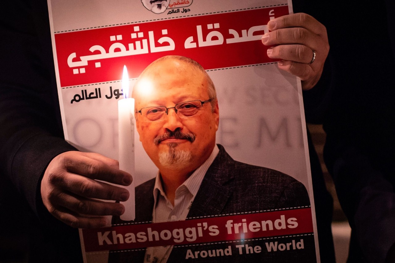 A demonstrator held a poster of journalist Jamal Khashoggi outside Saudi Arabia’s consulate in Istanbul.