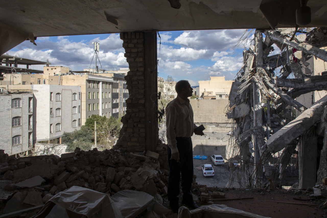 A building destroyed in a joint U.S.-Israeli attack on Tehran.