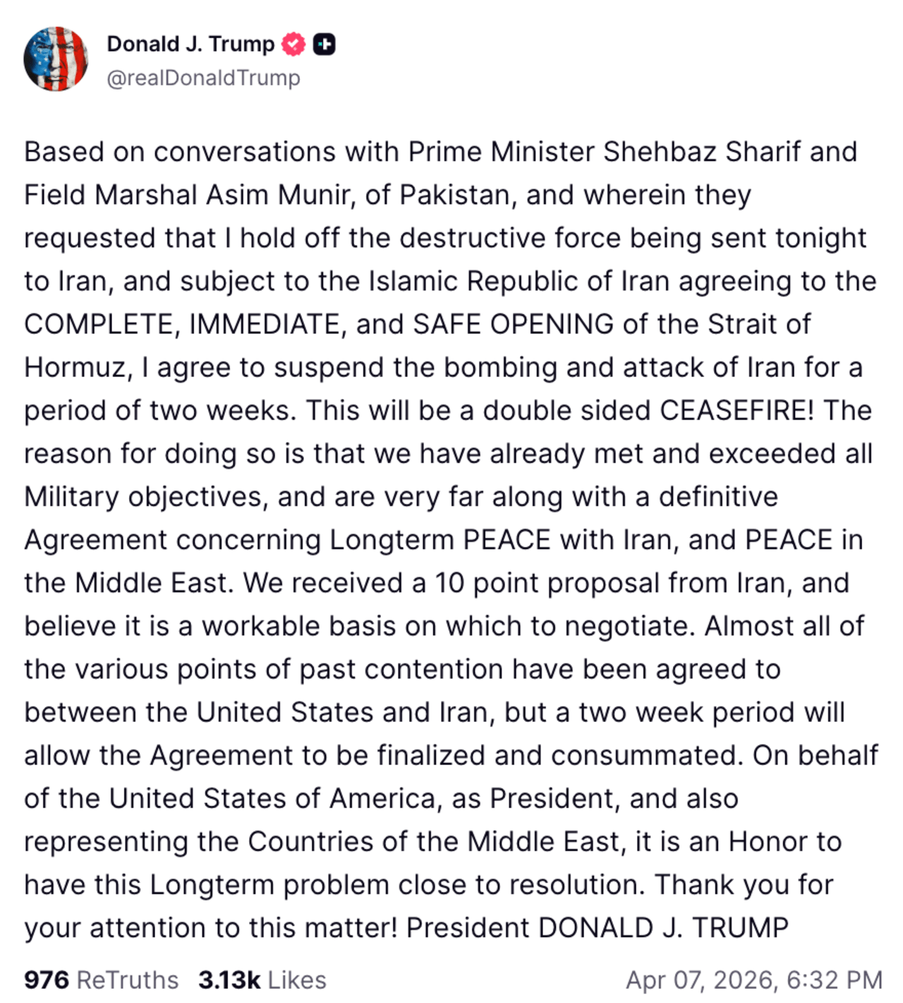 A Truth Social post from President Donald Trump on April 7, 2026.