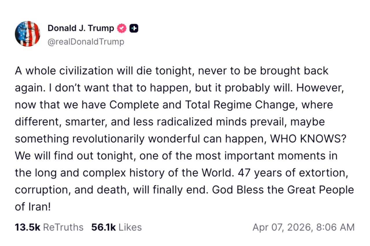Trump's truth social on April 7, 2026.